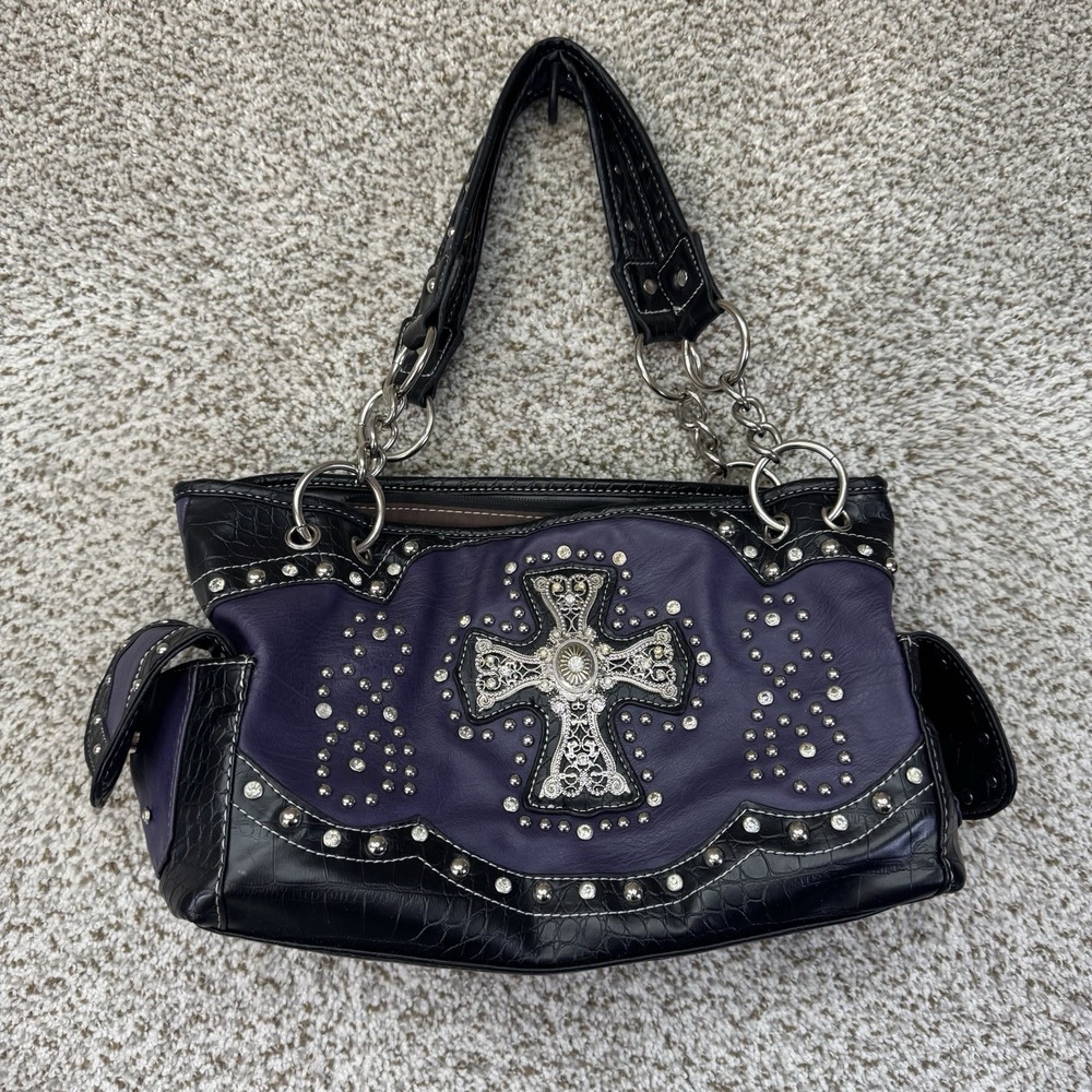 YESIR Concealed Carry Purse Rhinestone Cross Conchos Studded Y2K Style Purple